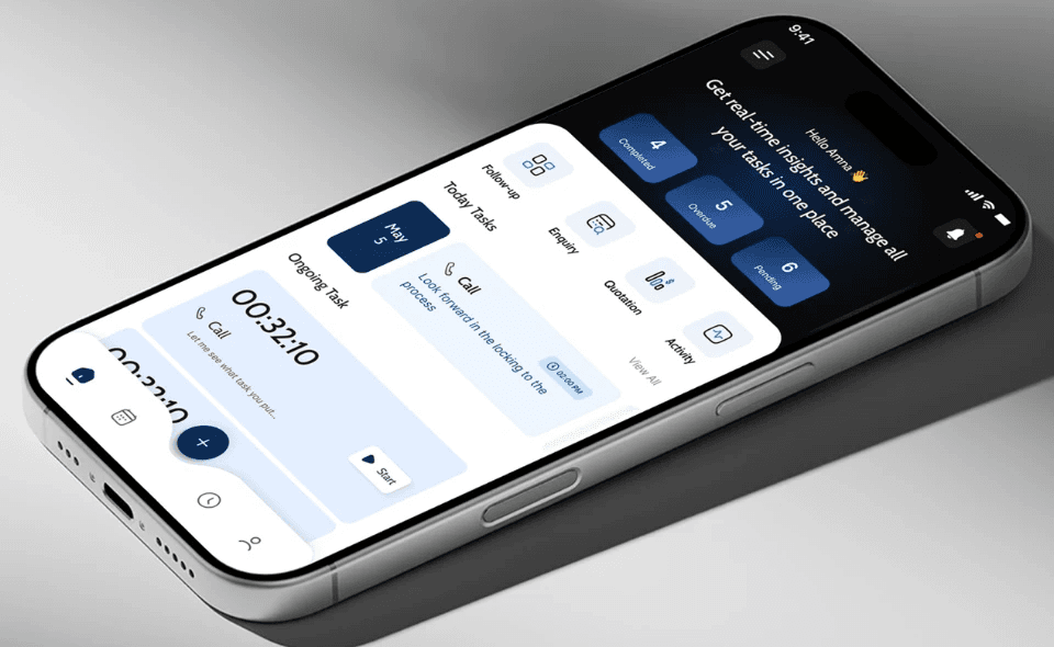 Progbiz mobile app with today's tasks and an ongoing call task with its timer and Start button