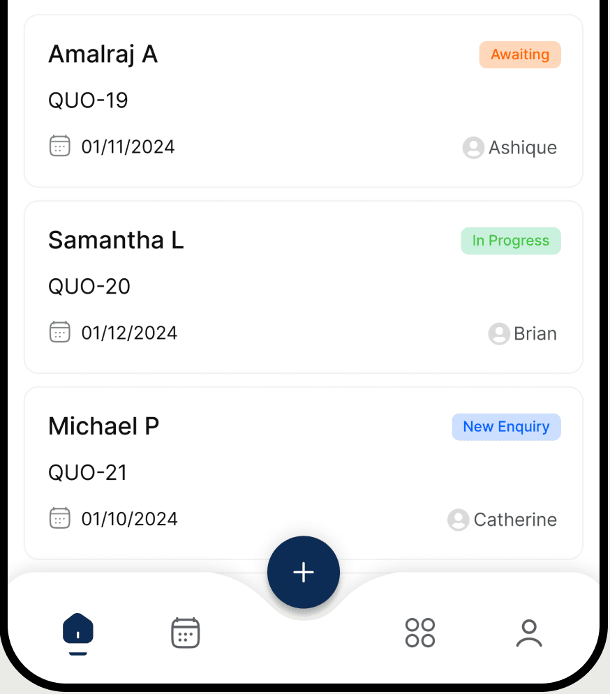 Progbiz mobile app list of scheduled items with dates, assigned staff, and statuses