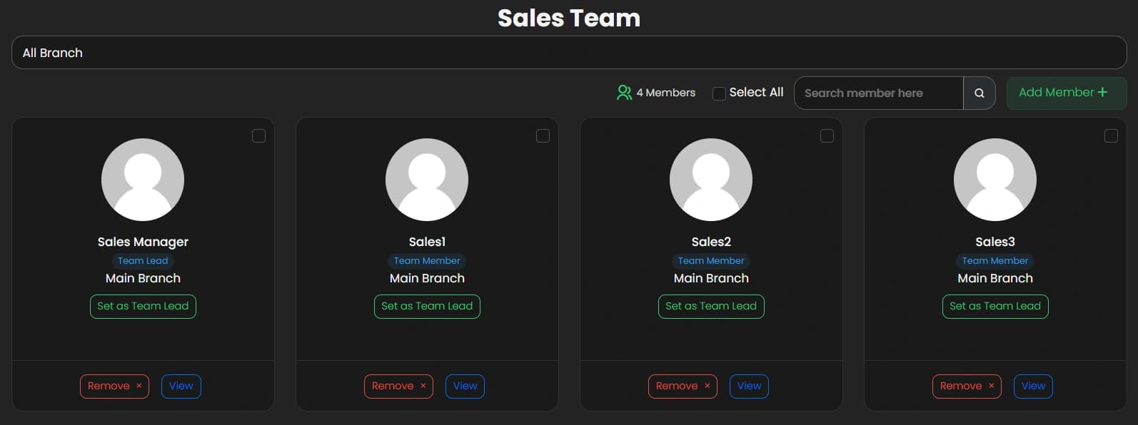 Progbiz CRM Sales Team screen with the All Branch filter, showing the team lead and team members of the main branch