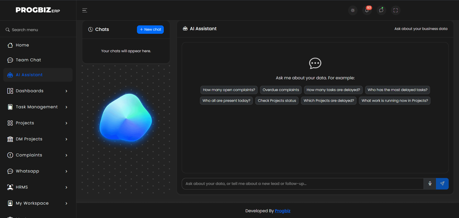 Progbiz ERP AI Assistant: ask about your business data, with example questions about open complaints, delayed tasks, attendance and project status