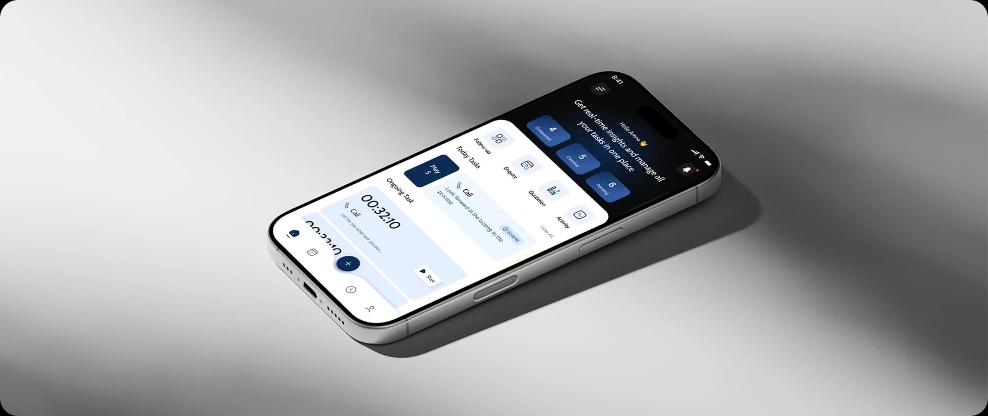 Progbiz mobile app home screen with completed, overdue and pending tasks, today's tasks and an ongoing task timer