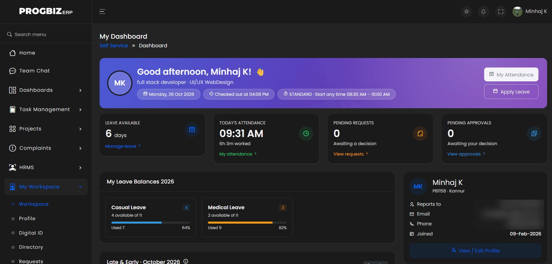 Progbiz ERP HRMS self-service dashboard with leave available, today's attendance, pending requests and pending approvals